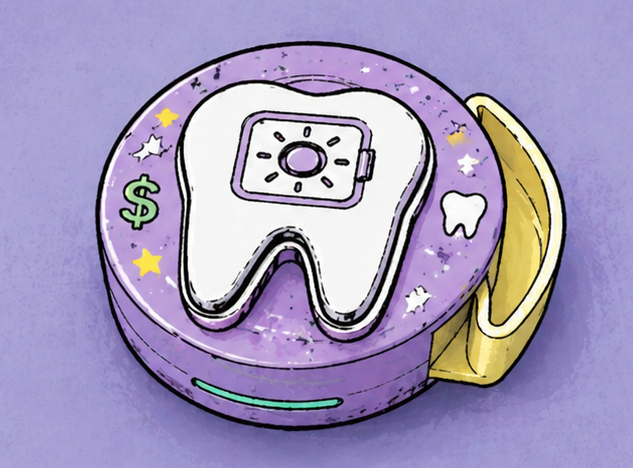 Hand-drawn illustration of the ToothSafe — a purple circular disc with a tooth on the front, as depicted in the book