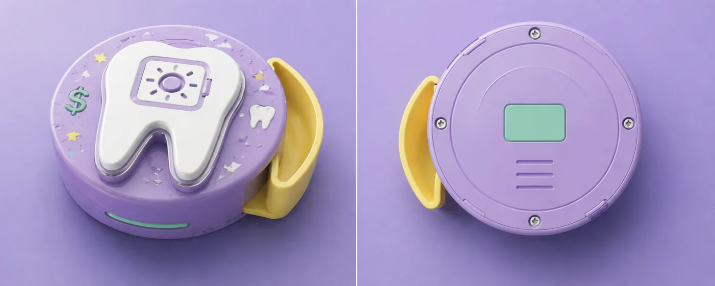 The ToothSafe prototype photographed front and back — a circular purple tooth fairy box with a tooth motif on the lid and a label panel on the reverse